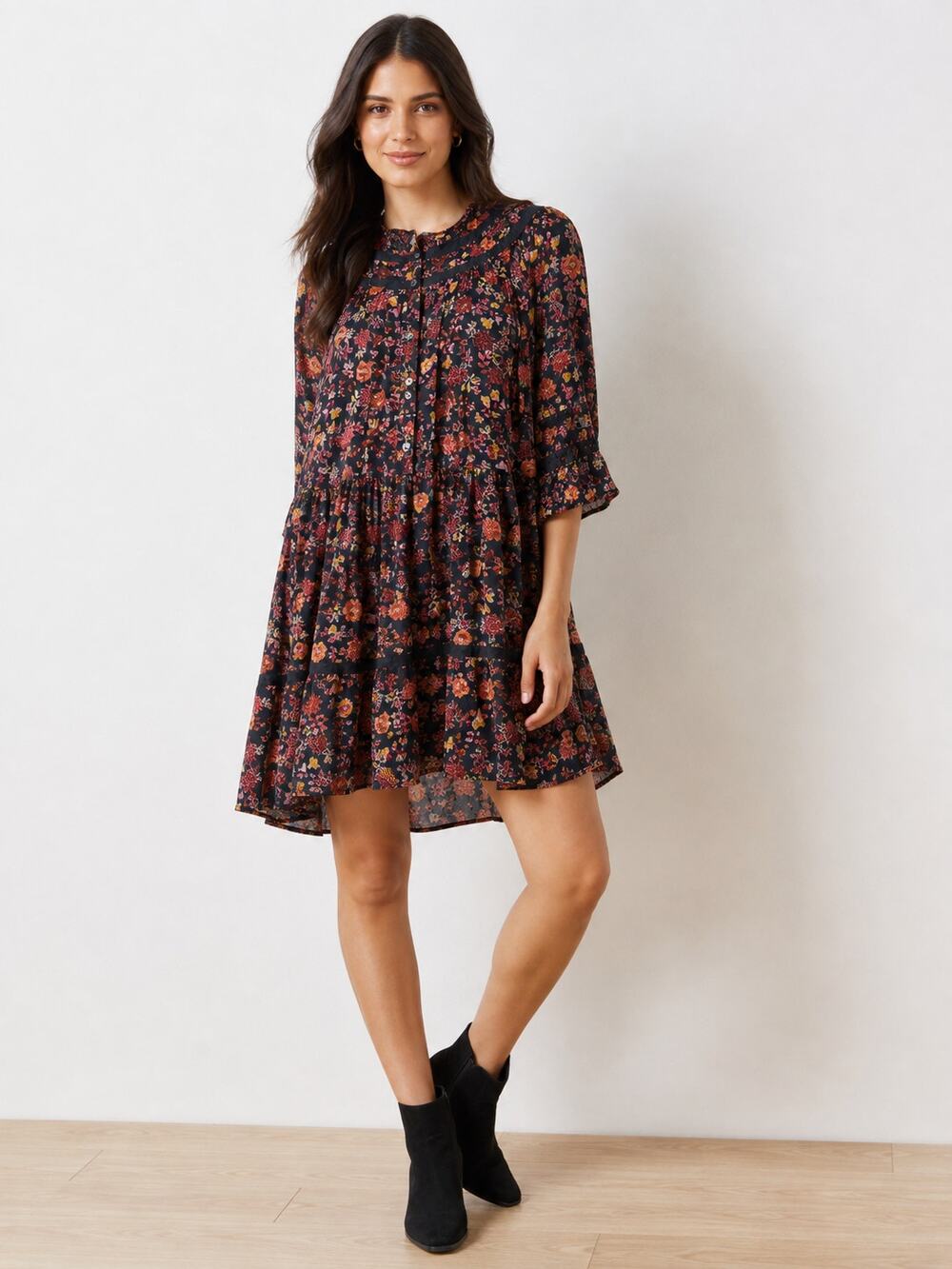 Loft SZ XL Floral Clip Tiered Button Dress NWT $89 Black Multicolored Floral